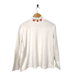 VTG 90s Cream Turtleneck Pumpkin Embroidered Autumn Long Sleeve Blosue